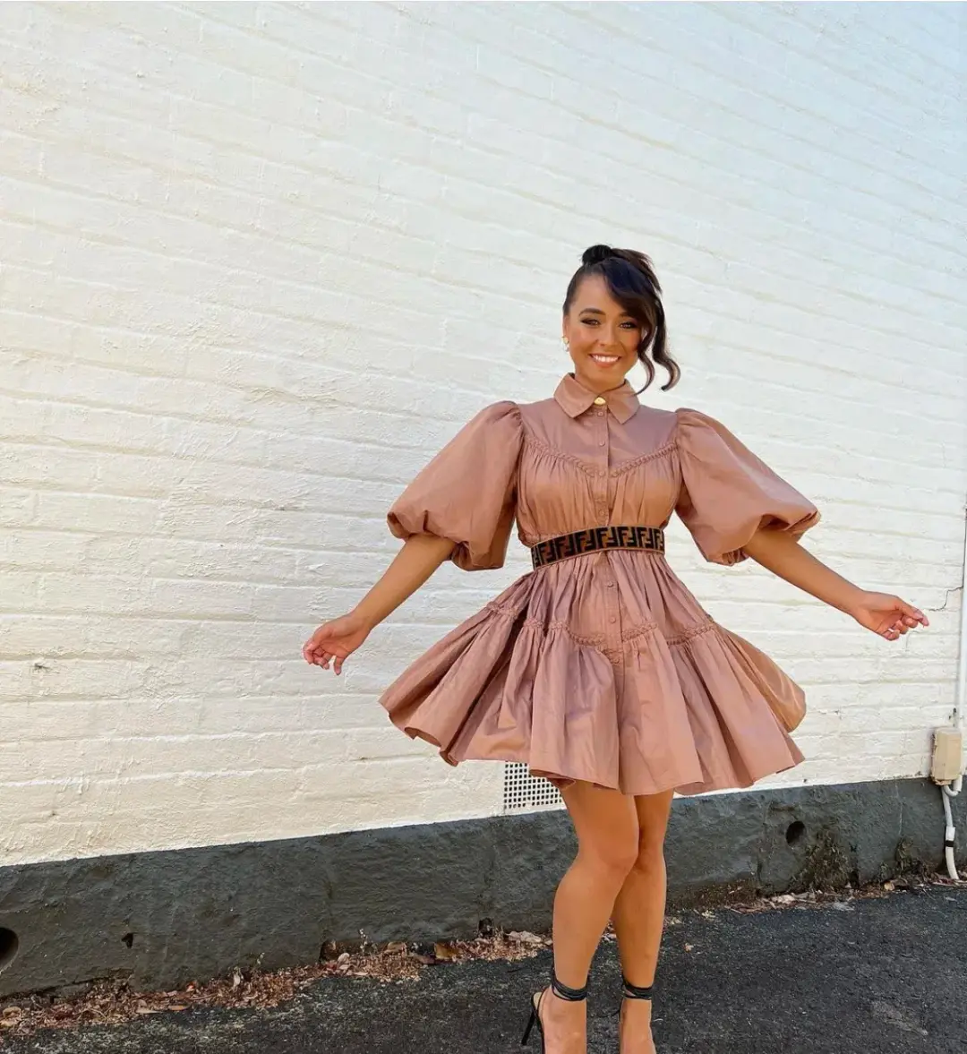 Aje Casabianca Puff Sleeve Shirt Smock Dress Walnut Brown Size 8  for rent on The Volte - main image