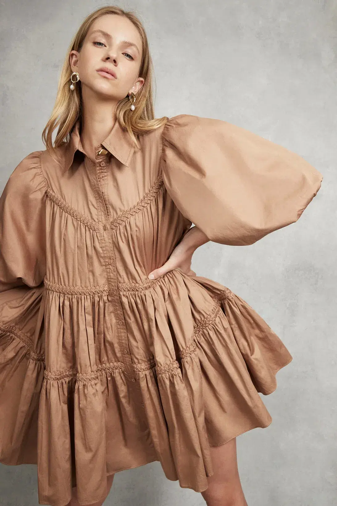 Aje Casabianca Puff Sleeve Shirt Smock Dress Walnut Brown Size 8  - Image 1