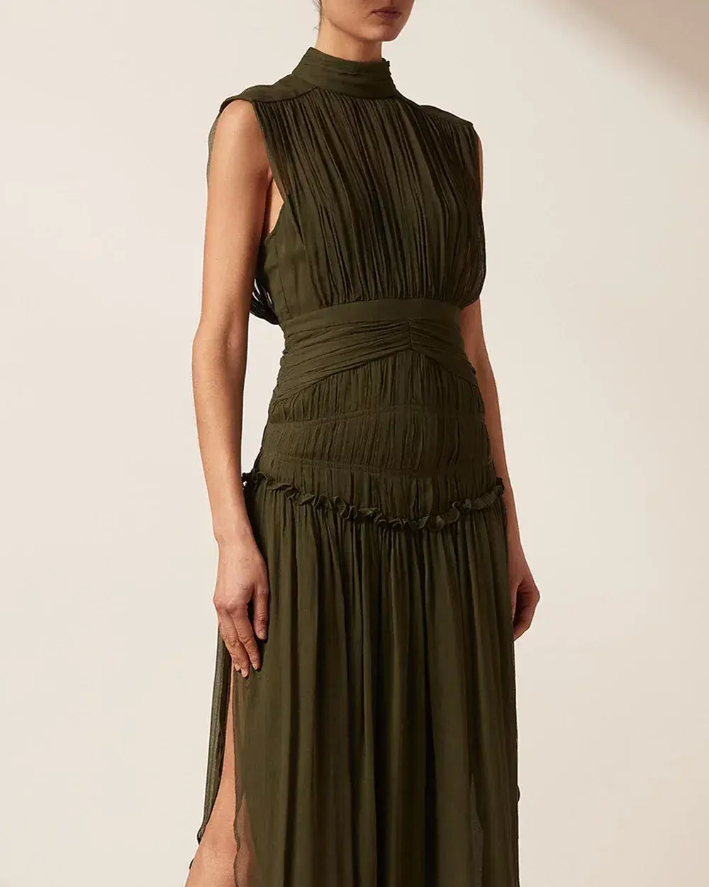 Shona Joy Safira Sleeveless Open Back Midi Dress in Olive Green Size 8 - Image 4