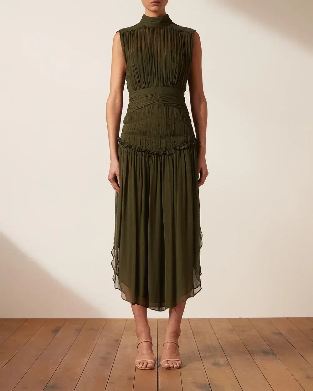 Shona Joy Safira Sleeveless Open Back Midi Dress in Olive Green Size 8 - Image 1
