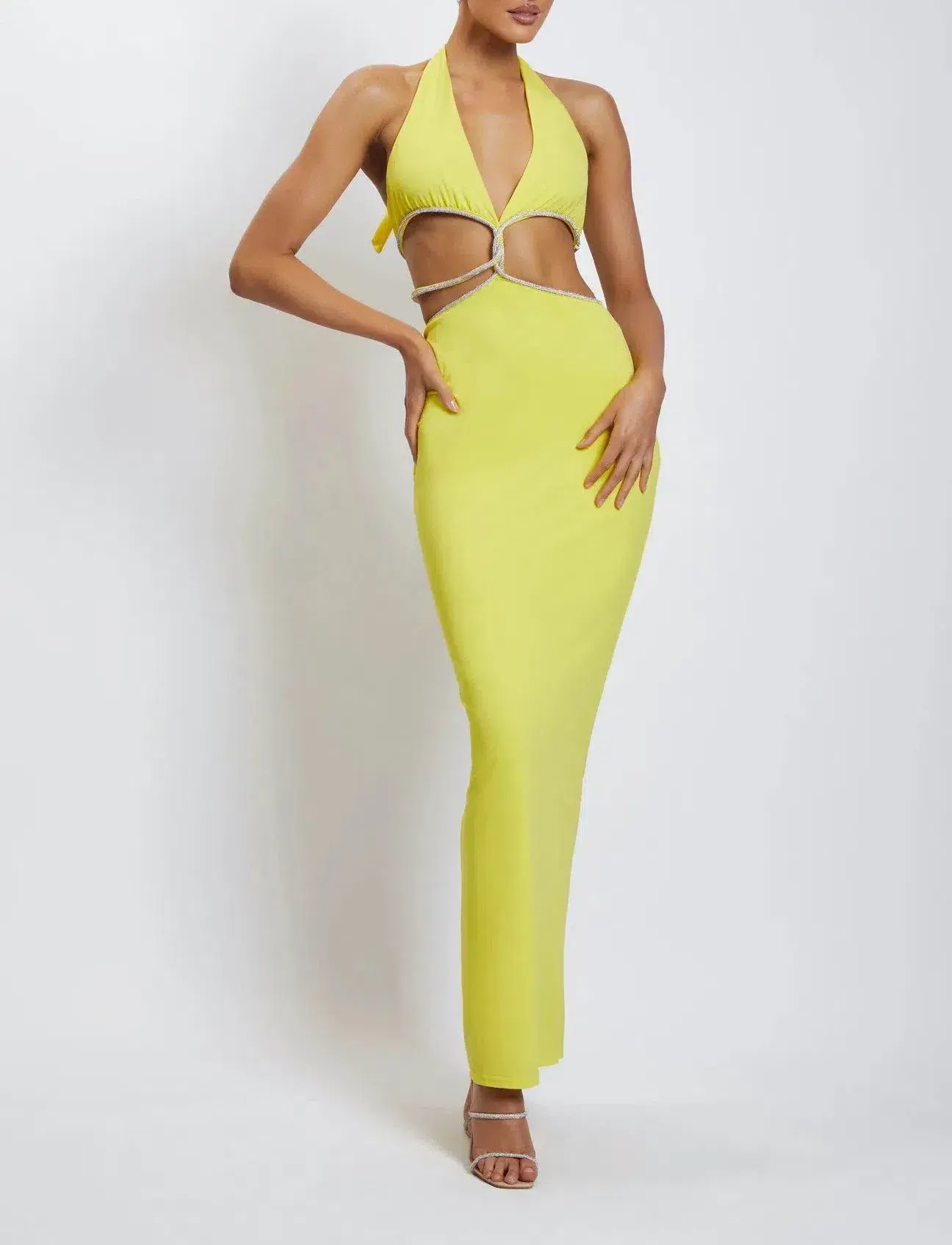 Meshki Nicha Diamante Cut Out Midi Dress Yellow Size 10 - Image 4
