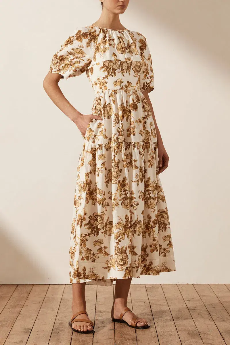 Shona Joy Bella Linen Short Sleeve Open Back Midi Dress Print Size 10 - Image 2