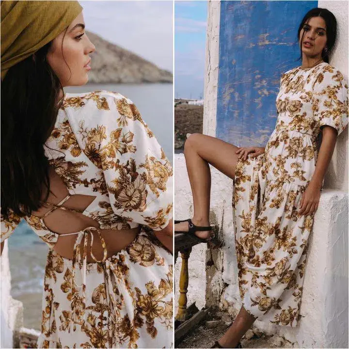 Shona Joy Bella Linen Short Sleeve Open Back Midi Dress Print Size 10 - Image 4