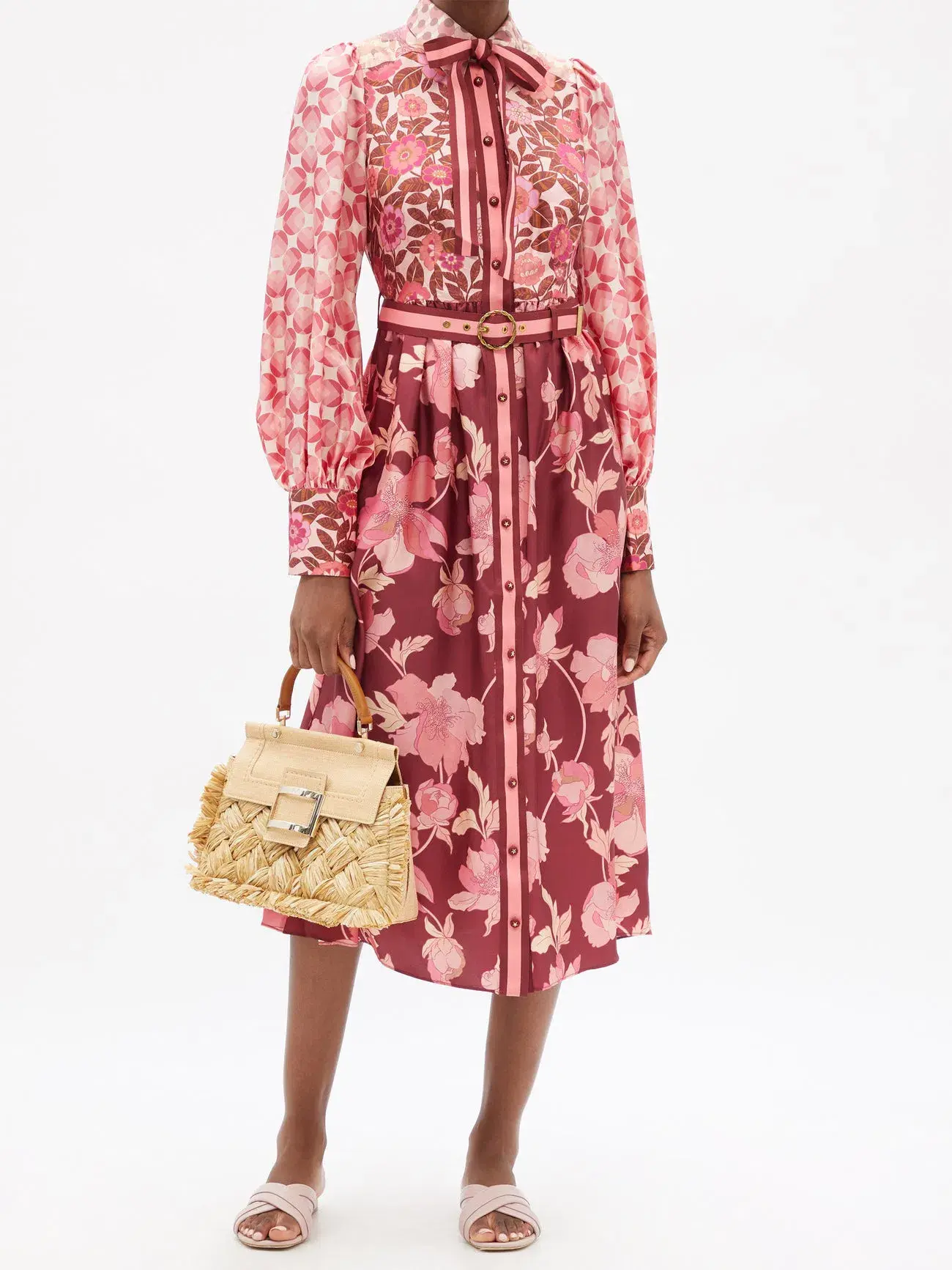 Zimmermann Concert Spliced Floral Silk Midi Dress Pink Print Size 14 - Image 1