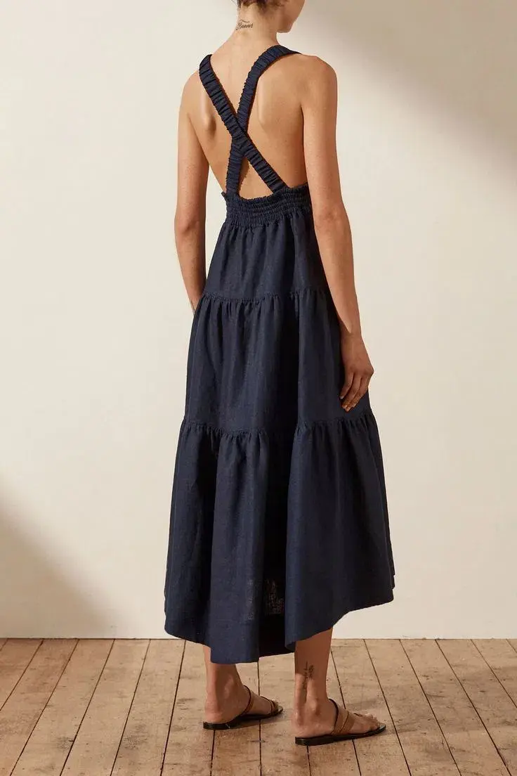 Shona Joy Ligia Plunged Cross Back Midi Dress Navy Size 6 for rent on The Volte - main image
