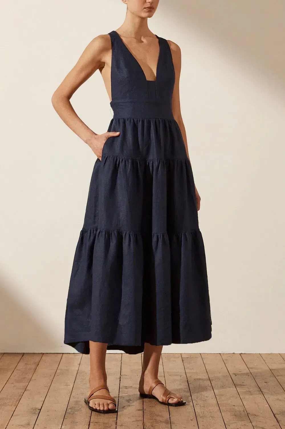 Shona Joy Ligia Plunged Cross Back Midi Dress Navy Size 6 - Image 1