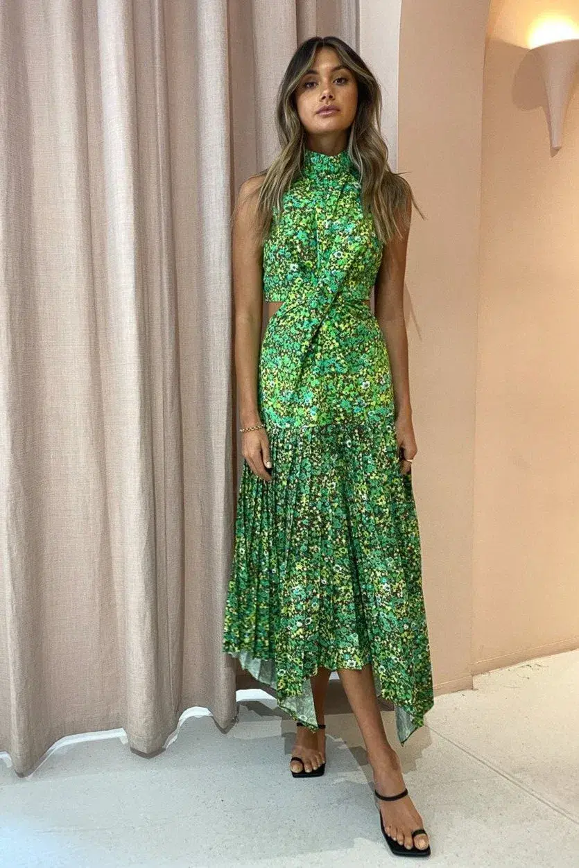 Alemais - Phyllis Twist Front Pleat Dress Green Print - Size 10 - Image 1