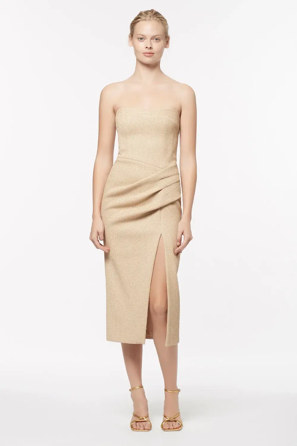 Manning Cartel French Kiss Strapless Midi Dress Beige Size 10 for rent on The Volte - main image