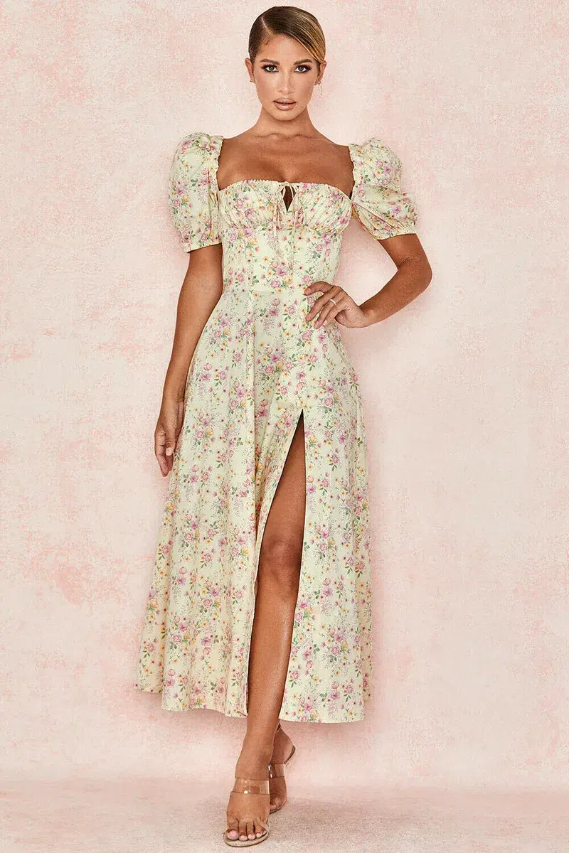 House of CB Tallulah Puff Sleeve Midi Sundress Lemon Floral Size 8 - Image 1