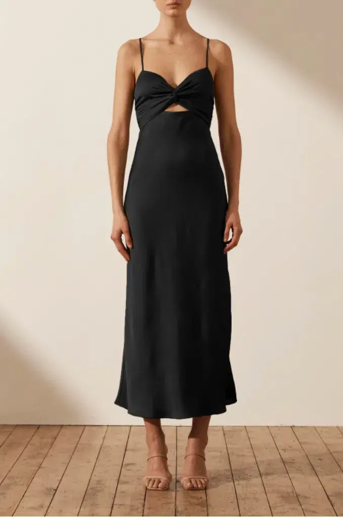Shona Joy Luxe Twist Front Sleeveless Midi Dress Black Size 8 for rent on The Volte - main image