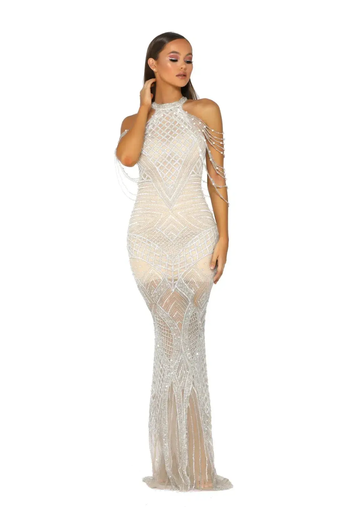 Portia and Scarlett Lilly Audrey Couture Gown Silver Crystal Beaded Size 12 - Image 1