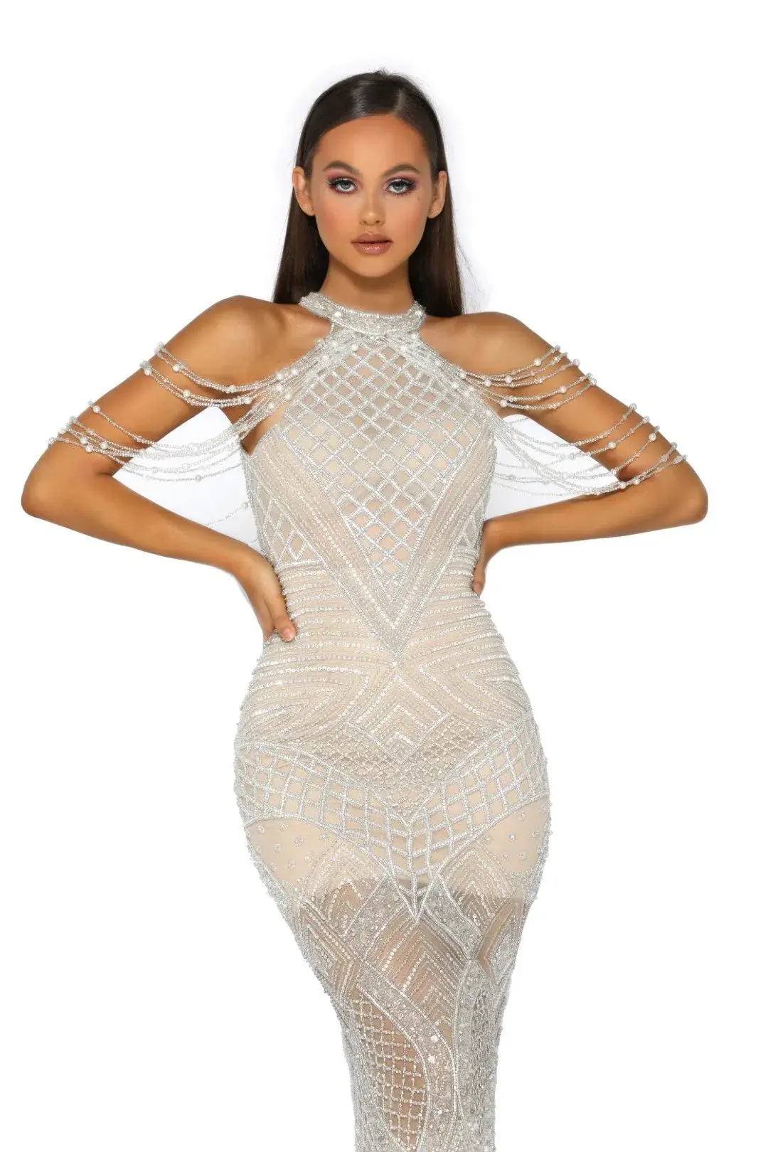 Portia and Scarlett Lilly Audrey Couture Gown Silver Crystal Beaded Size 12 - Image 3