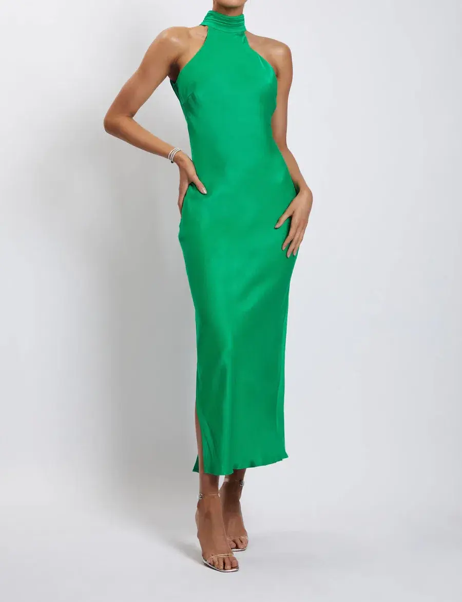 Meshki Claire Satin Drape Back Maxi Dress Green Size 8 - Image 1