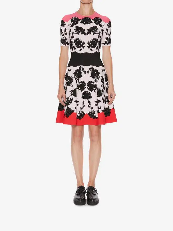 Alexander McQueen Short Sleeve Rose Knit Flare Dress Multi Size 10 - Image 1