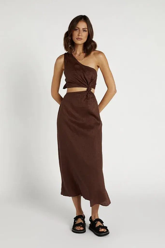 Dissh Keating Choc Linen Knot Mini Dress Brown Size S - Image 1