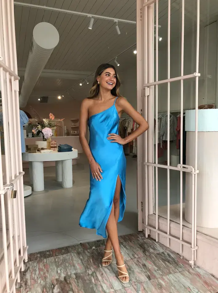 Bec & Bridge Frederic Asym Midi Dress Azure Blue Size 8 - Image 1