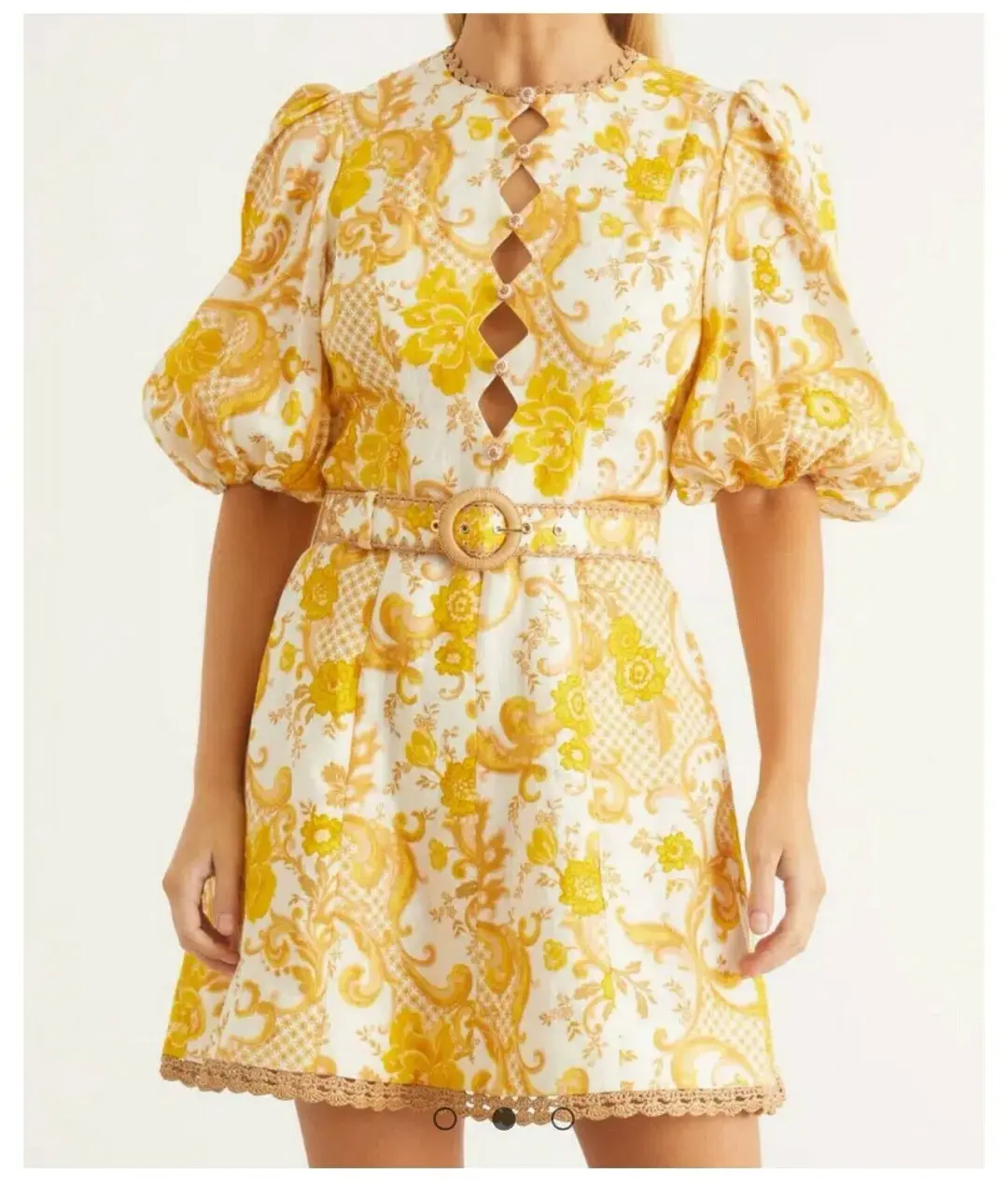 Zimmermann Postcard Mini Dress in Swirl Floral Yellow AU12 (22:05) for rent on The Volte - main image