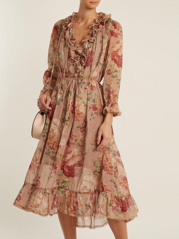 Zimmermann Corsair Ruffle Cotton Midi Dress Floral Size 8 for rent on The Volte - main image