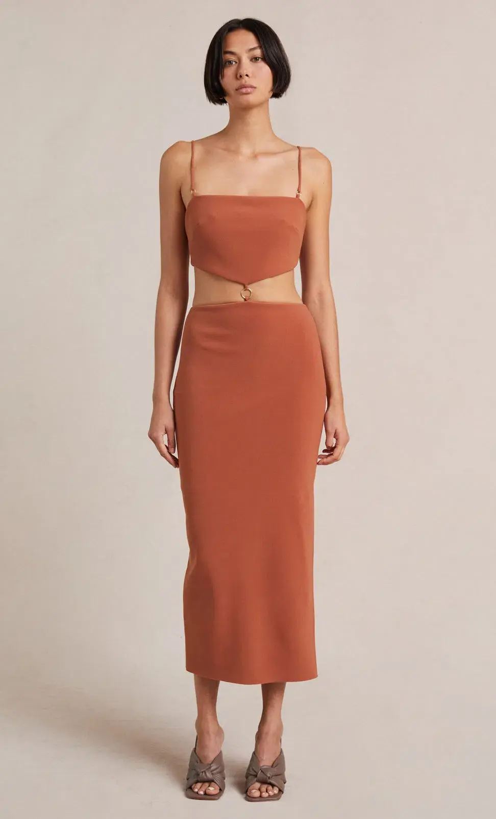 Bec & Bridge Alba Cut Out Midi Dress Terracotta  Size 6  for rent on The Volte - main image