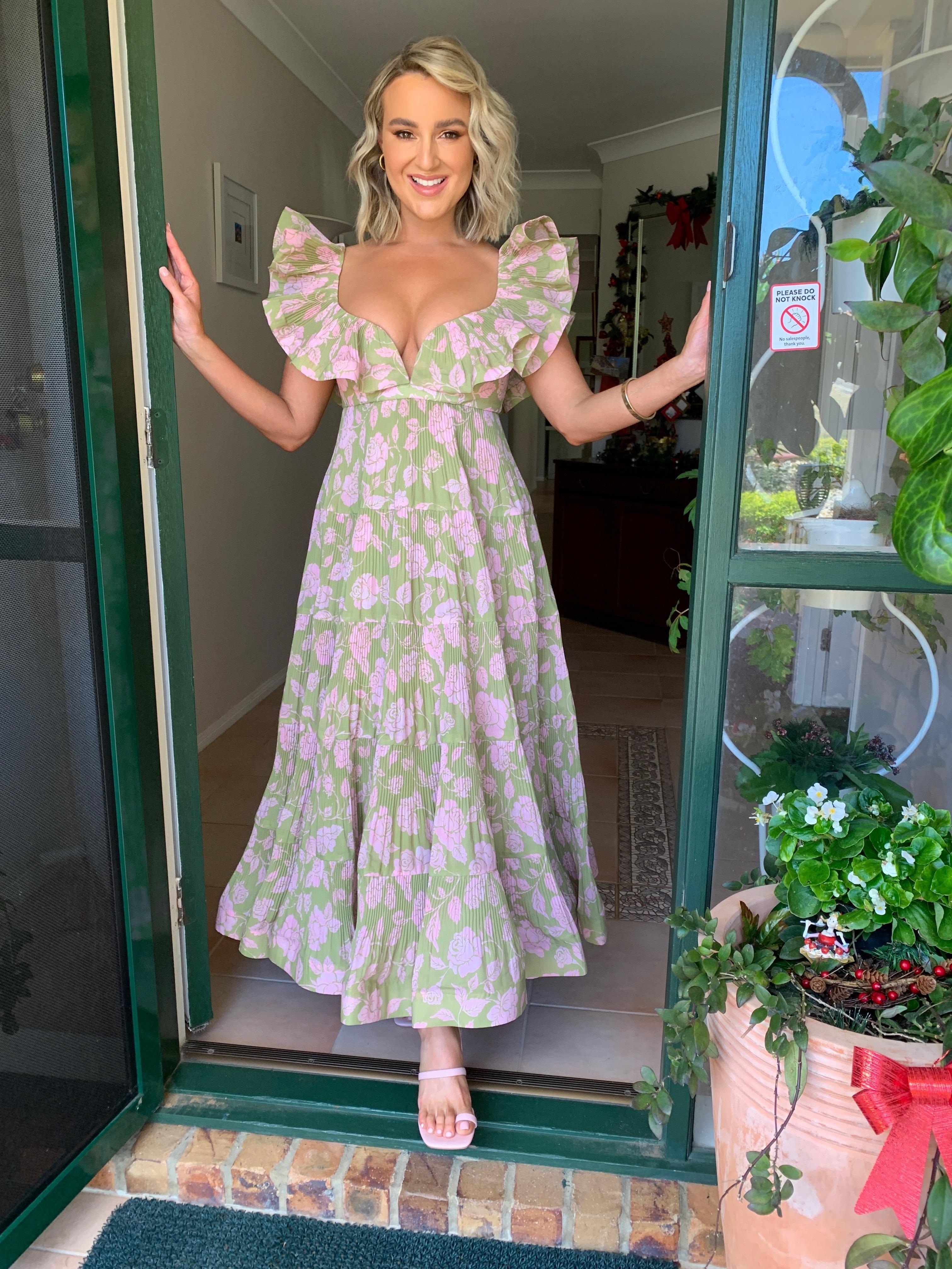Zimmermann The Lovestruck Pleated Dress Olive/Pink Rose Size 1 / AU 10 - Image 2