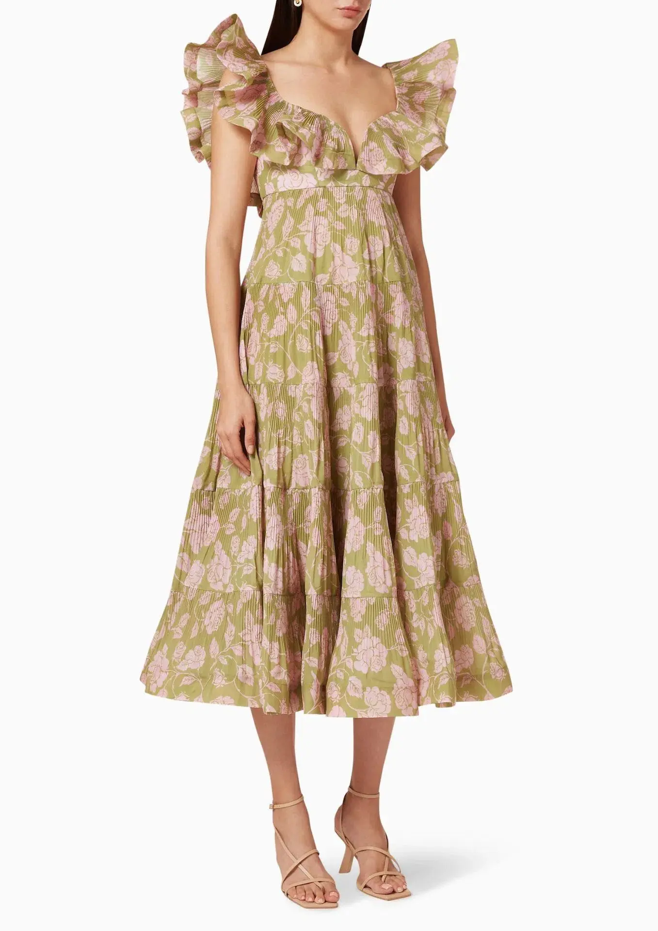 Zimmermann The Lovestruck Pleated Dress Olive/Pink Rose Size 1 / AU 10 - Image 1