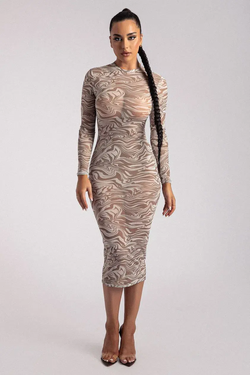 Meshki Bonnie Mesh Long Sleeve Midi Dress Retrograde Print Size 6 - Image 1