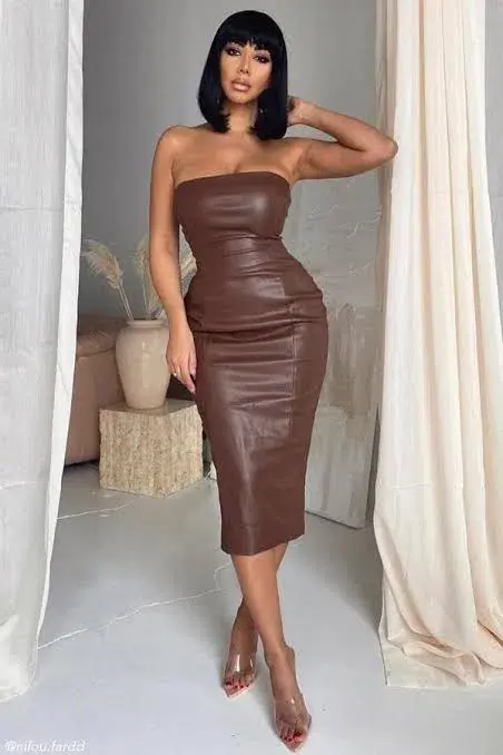 Meshki Pamela  Strapless Faux Leather Dress Brown Size S - Image 3