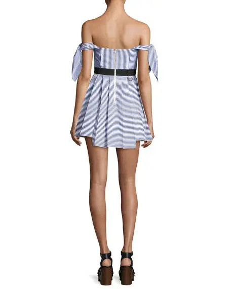 Self Portrait Tie Shoulder Striped Cotton Mini Dress Print Size 6 - Image 3
