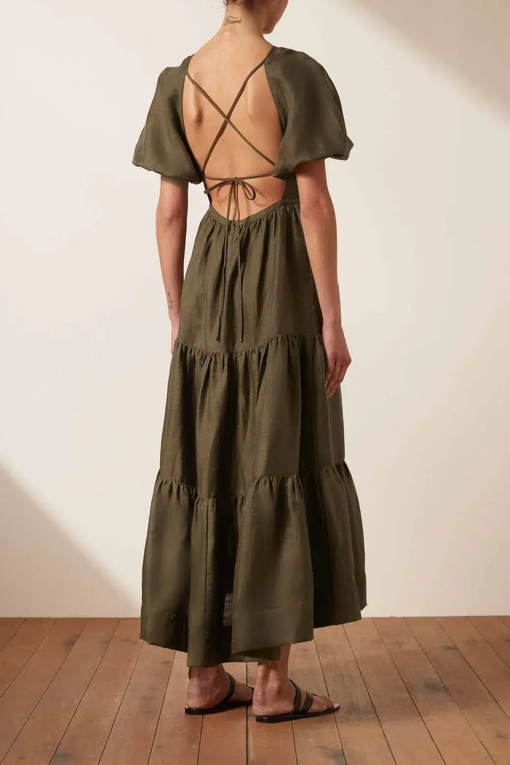 Shona Joy Bruna Linen Short Sleeve Backless Midi Dress Green Size 12 - Image 2