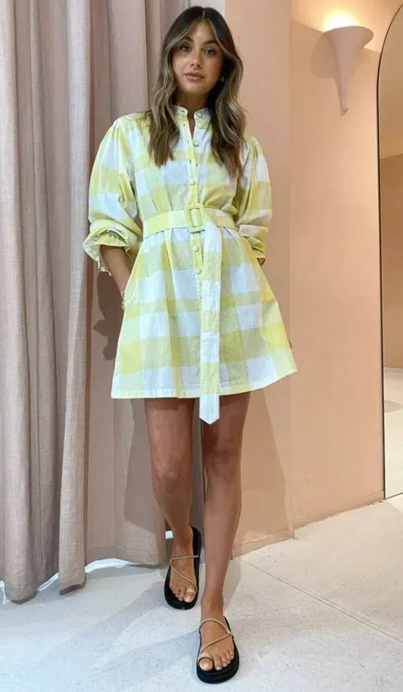 Ambra Maddalena Sammie Smock Dress in Lemon Checkers Print Size 8 - Image 1