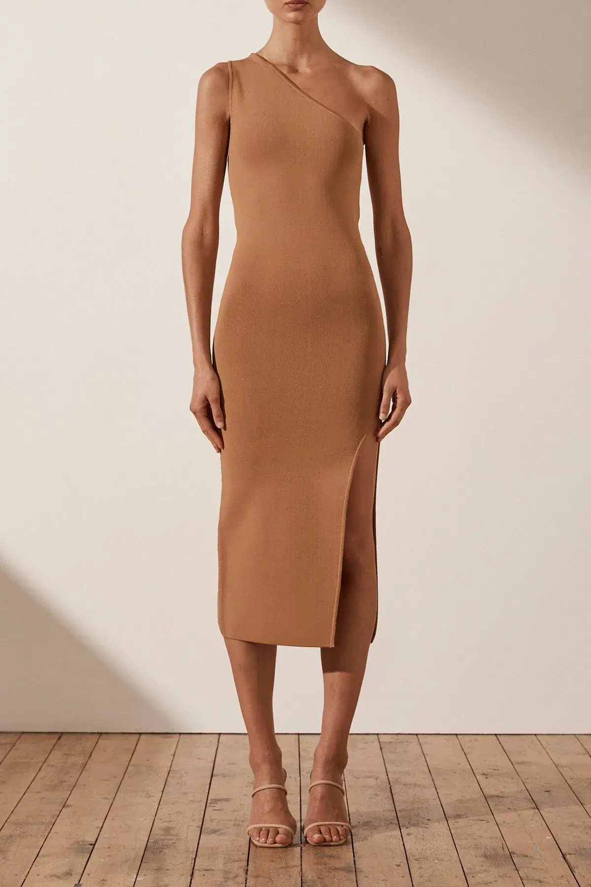 Shona Joy Basic One Shoulder Midi Dress in Tan Nude Size S - Image 1