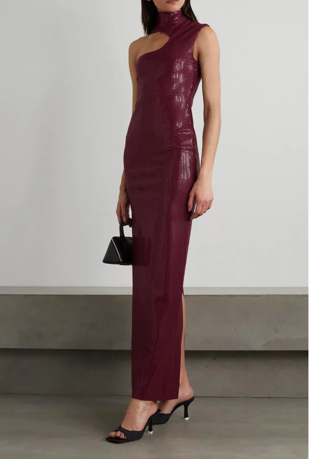 Yara Sequined Jersey Turtleneck Maxi Dress Burgundy Size 10 - Image 3