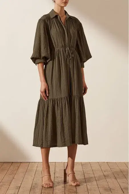  Shona Joy Mila Button Up Tiered Midi Dress Green Size 8 - Image 3