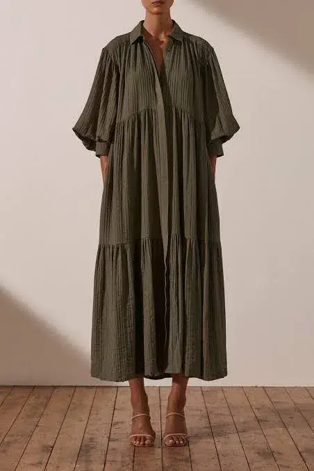  Shona Joy Mila Button Up Tiered Midi Dress Green Size 8 - Image 6