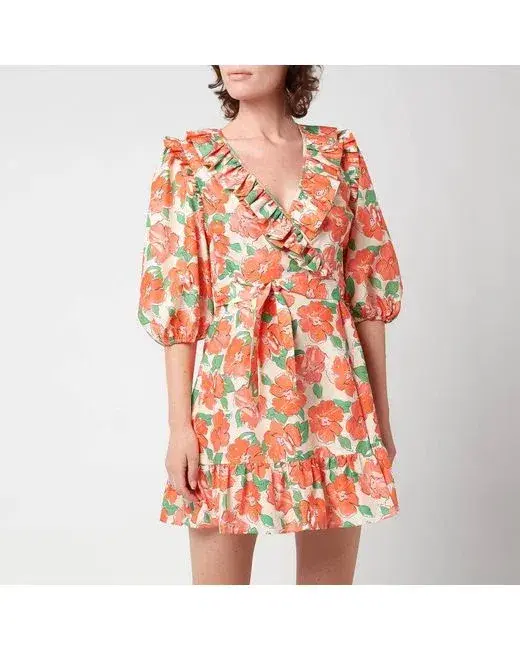 Rixo London Lennon Floral Print Wrap Dress Orange Size 10  for rent on The Volte - main image