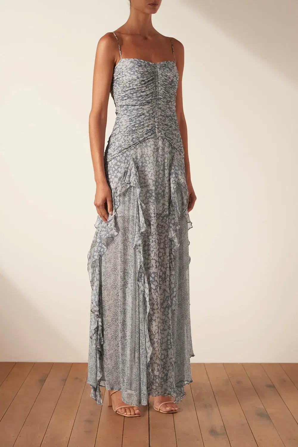 Shona Joy Candice Ruched Frill Maxi Dress Print Size 8 - Image 4