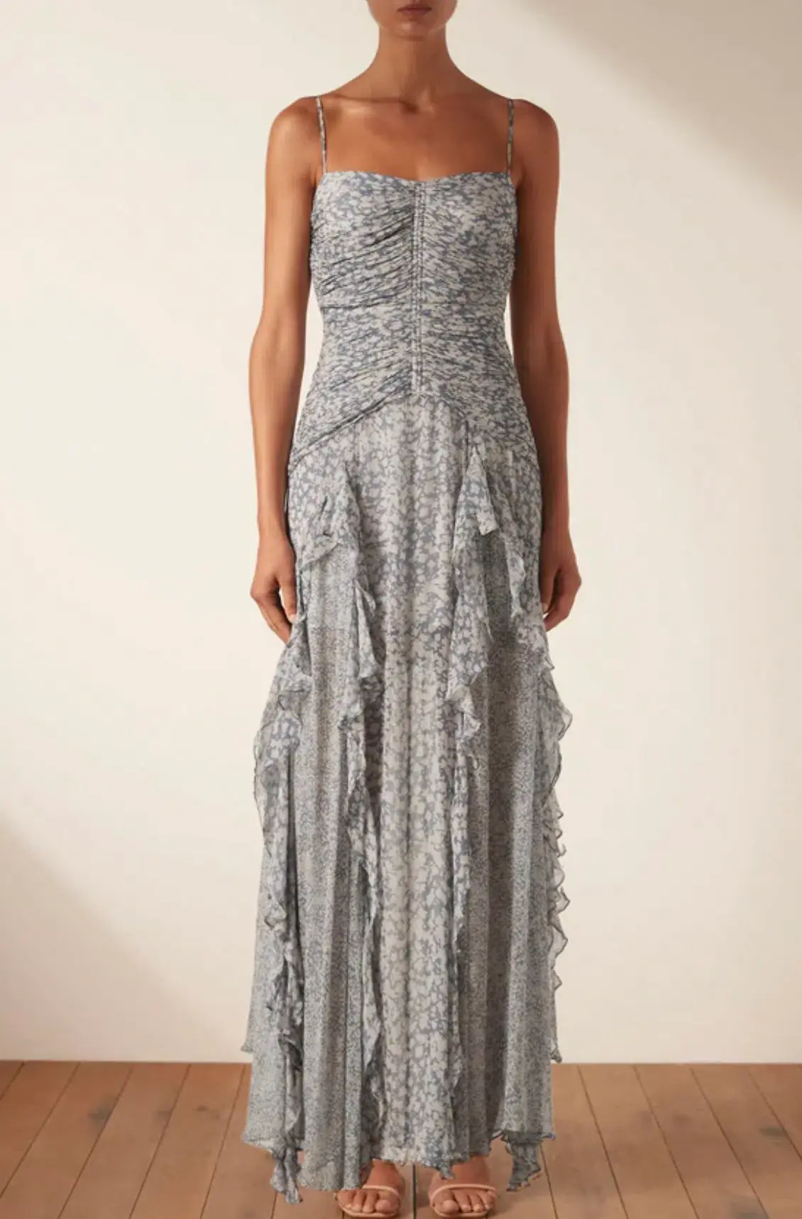 Shona Joy Candice Ruched Frill Maxi Dress Print Size 8 - Image 2