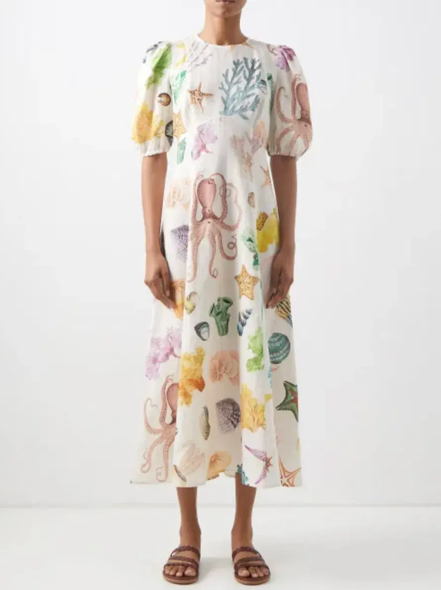 Alemais Adella Atlantis-print Linen-voile Midi Dress Print Size 12  - Image 3