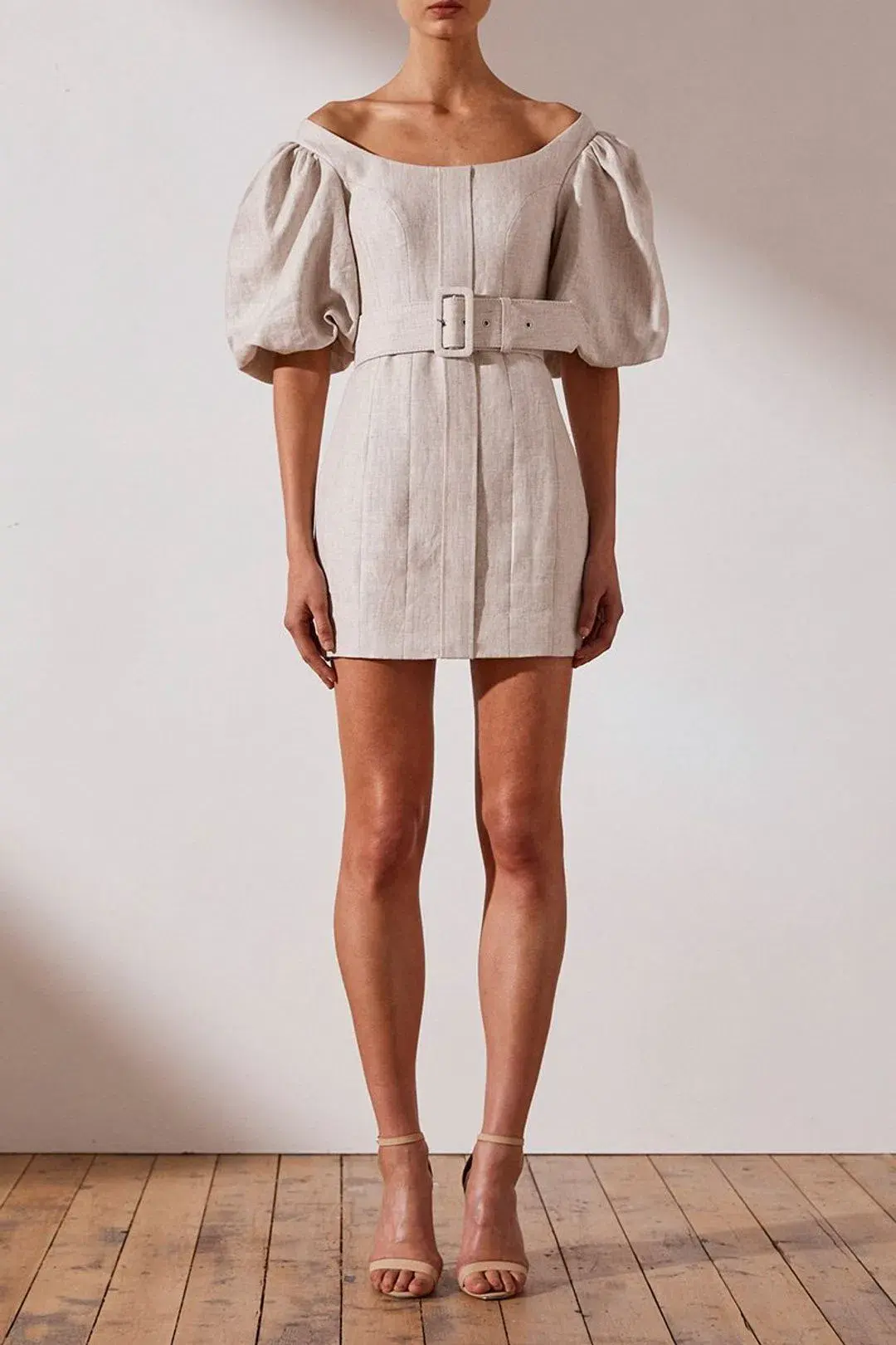 Shona Joy Hamilton Off Shoulder Fitted Mini Dress Beige Size 12 - Image 1