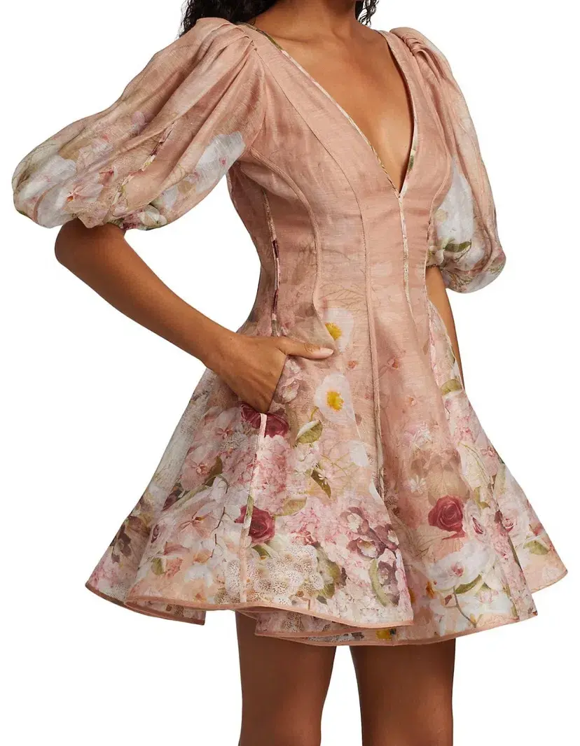 Zimmermann Dancer Puff Sleeve Mini in Blush Garden Floral Print Size 1 / Au 10 for rent on The Volte - main image