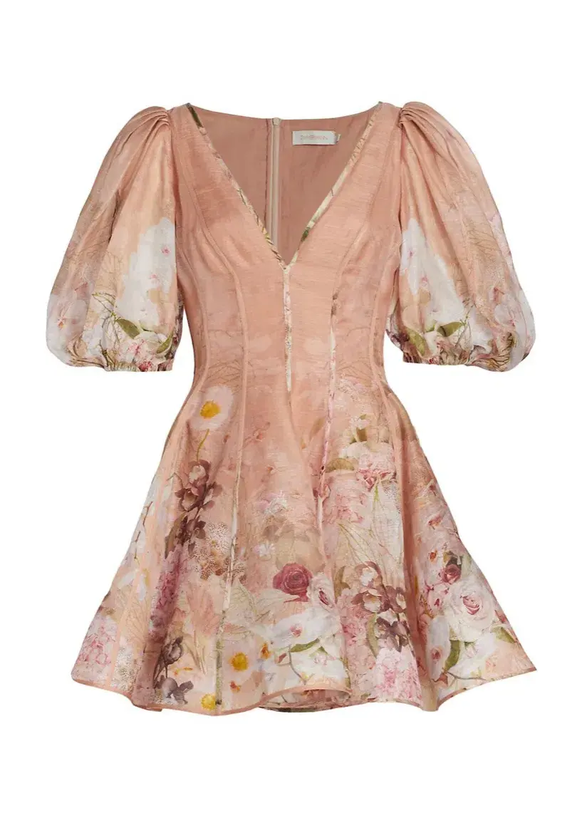 Zimmermann Dancer Puff Sleeve Mini in Blush Garden Floral Print Size 1 / Au 10 for rent on The Volte - main image