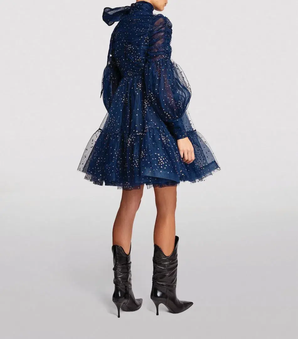 Zimmermann Rhythm Ruched Glitter Mini Dress Navy Size 0 / AU 8 for rent on The Volte - main image