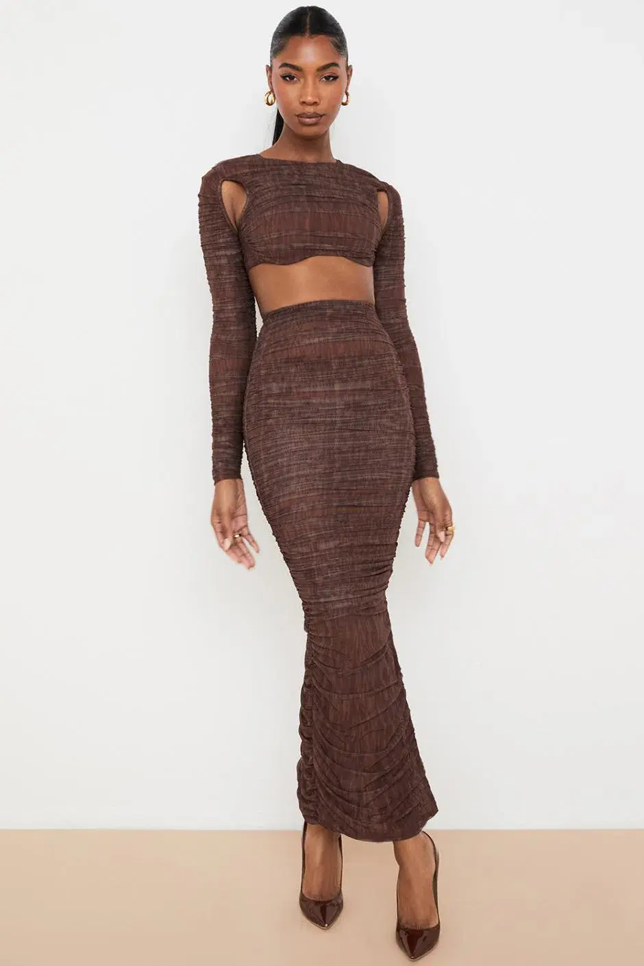 House of CB Blythe Chocolate Print Ruched Mesh Cut Out Cropped Top & Laverne Chocolate Print Ruched Maxi Skirt Brown Size 6 - Image 1