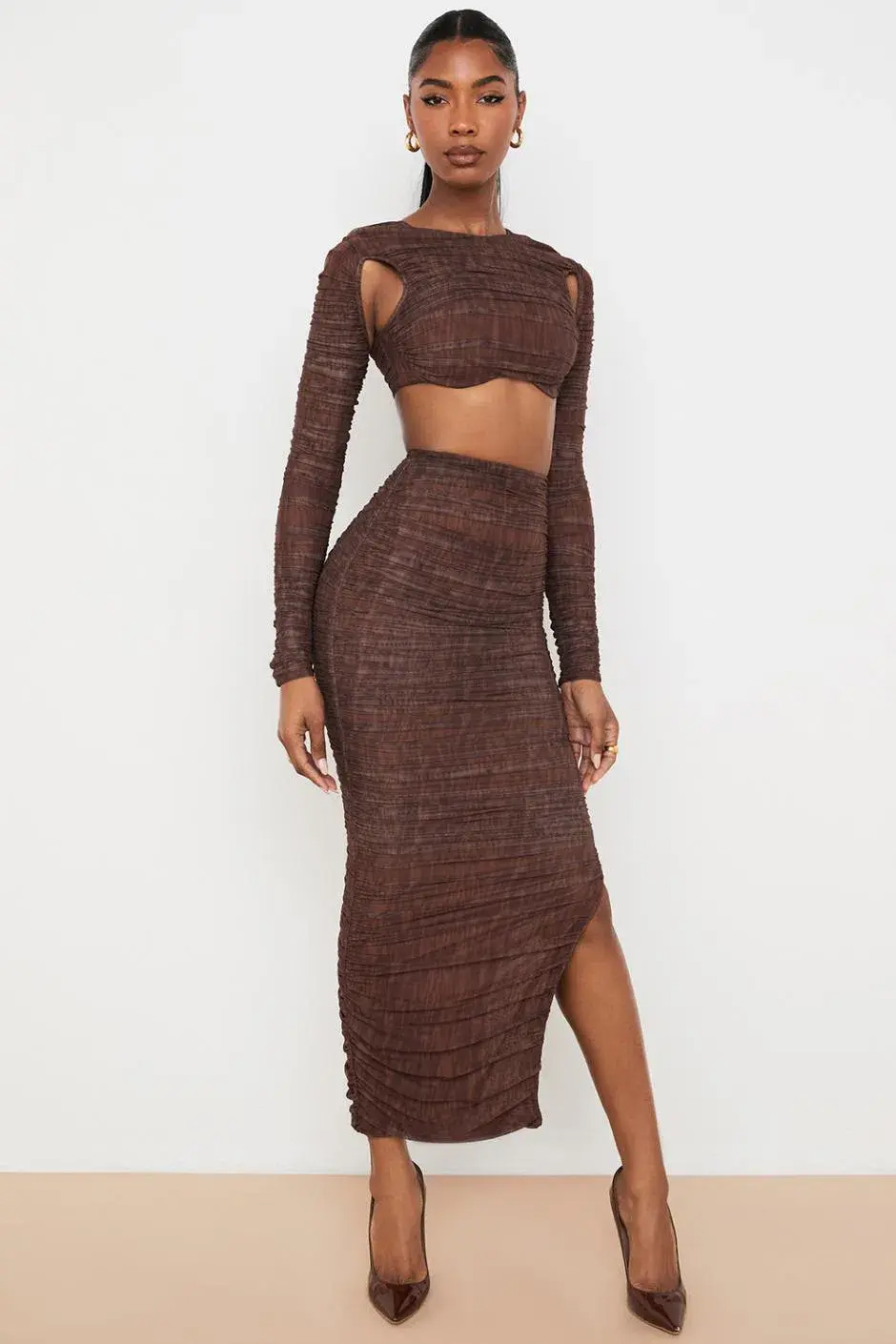 House of CB Blythe Chocolate Print Ruched Mesh Cut Out Cropped Top & Laverne Chocolate Print Ruched Maxi Skirt Brown Size 6 - Image 4
