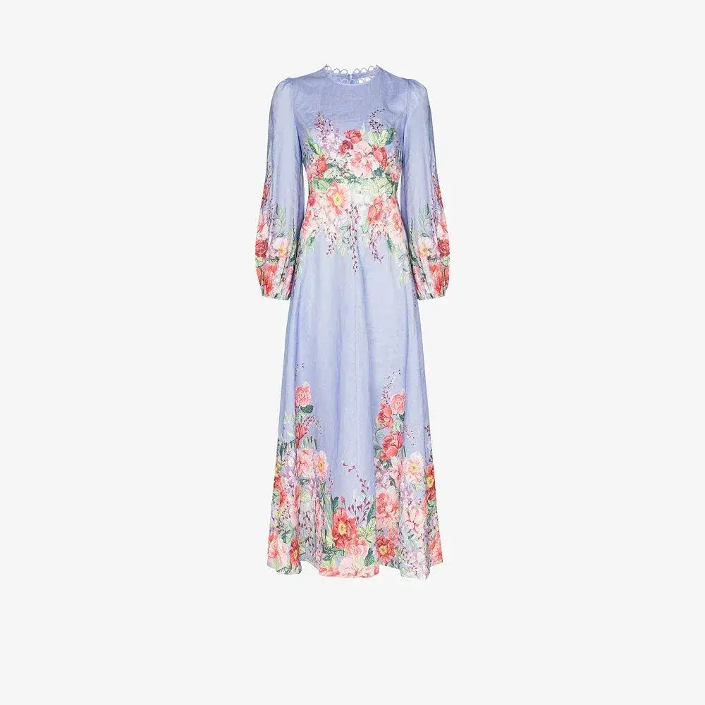 Zimmermann Bellitude Long Sleeve Floral Linen Dress Cornflower Floral Size 0 / AU 8 - Image 3