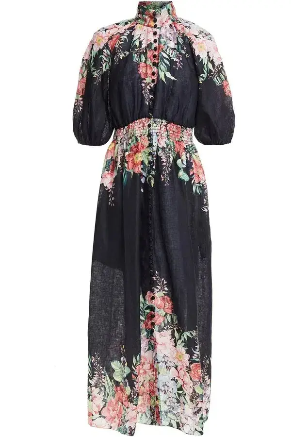 Zimmermann Bellitude Shirred Waist Midi Dress in Dark Navy Floral Size 0 / AU 8  - Image 4