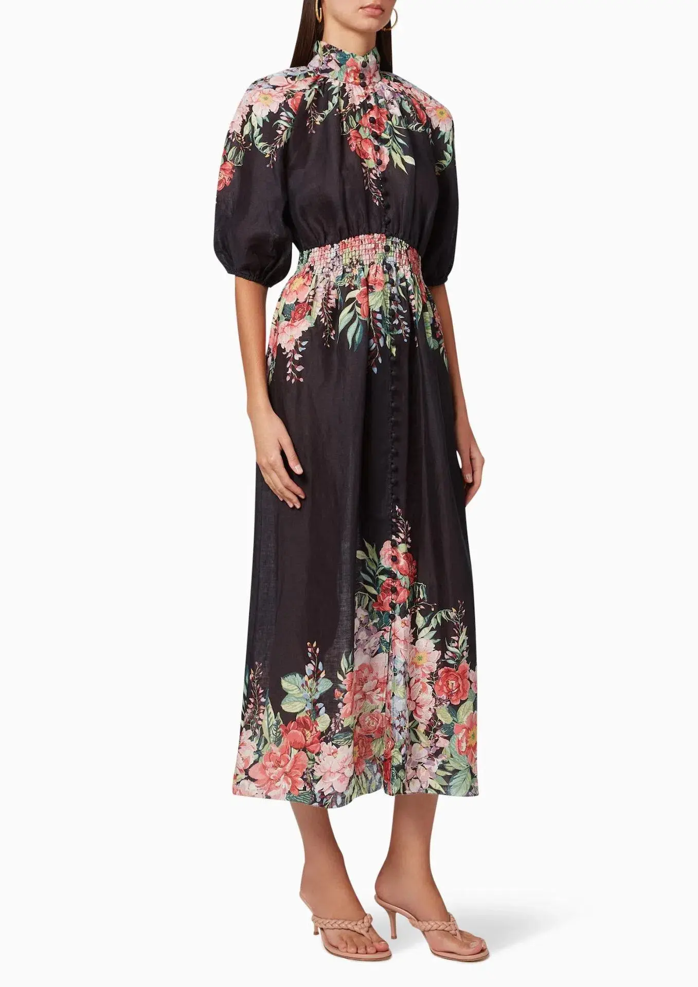 Zimmermann Bellitude Shirred Waist Midi Dress in Dark Navy Floral Size 0 / AU 8  - Image 1