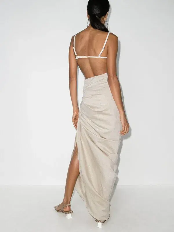 Jacquemus La Robe Saudade Asymmetrical Dress in Neutral Beige Size 36 - Image 5
