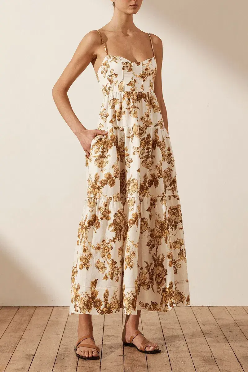 Shona Joy Bella Linen Corded Tiered Midi Dress Print Size 10 - Image 3
