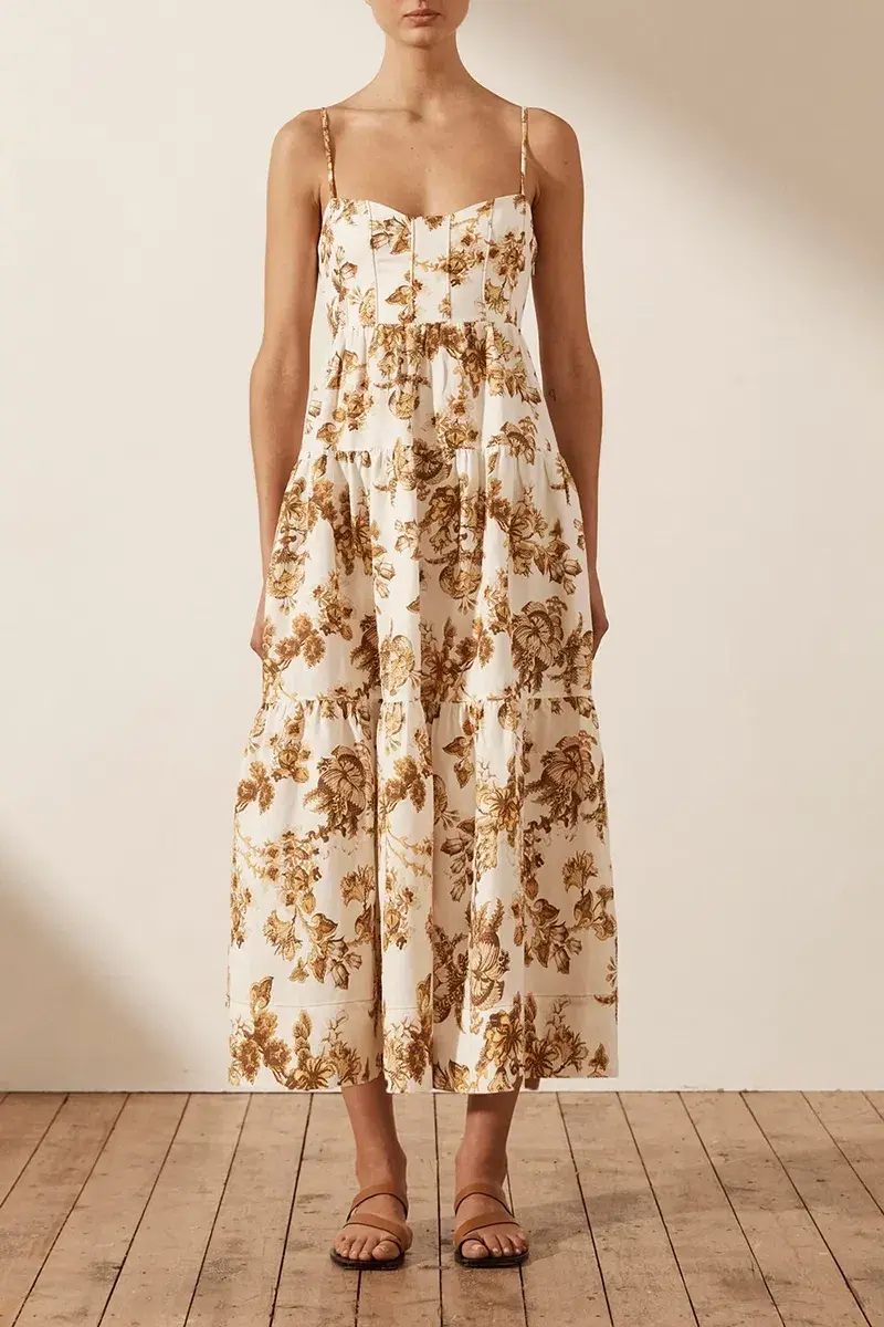 Shona Joy Bella Linen Corded Tiered Midi Dress Print Size 10 - Image 1